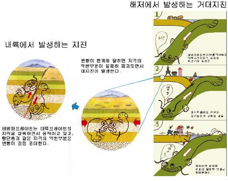 지진의 발생원인 및 지진발생의 구조적인 모식도