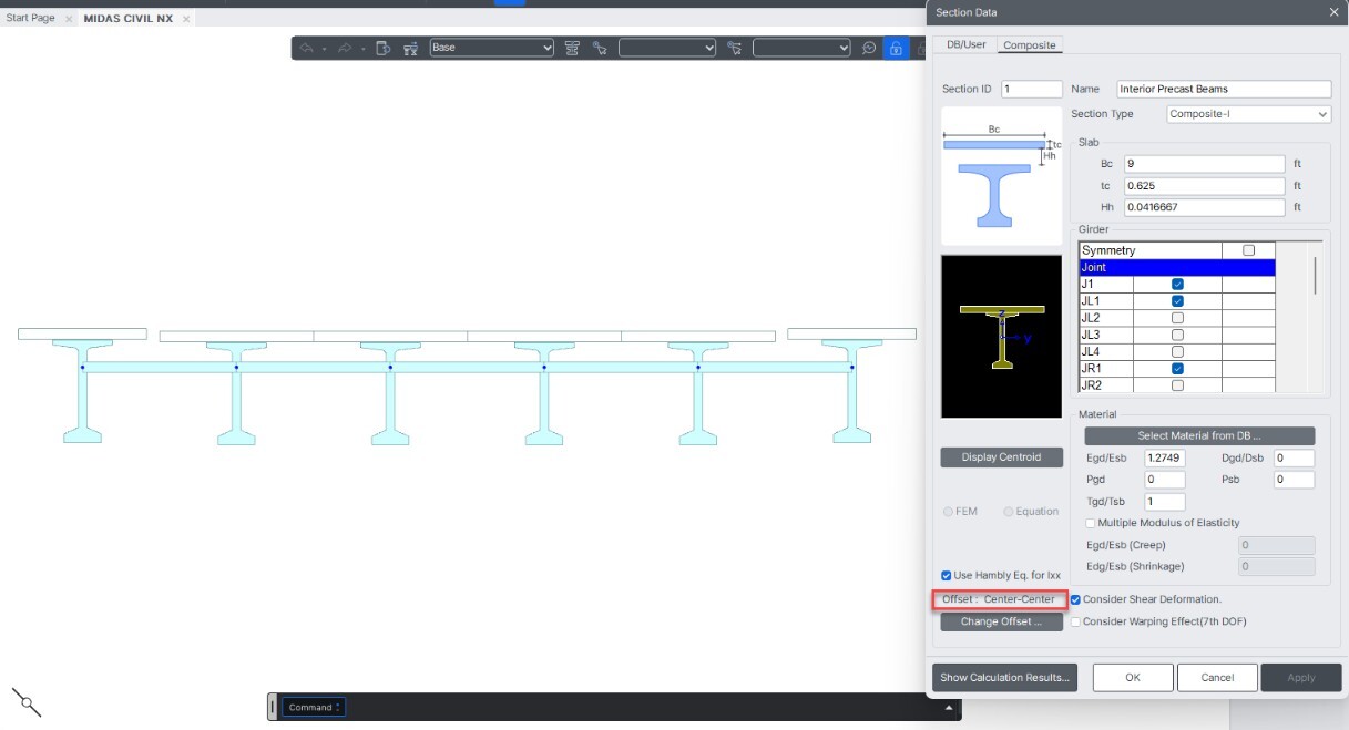 Figure 3 Centre-Centre Offset assigned to PSC Composite Girders