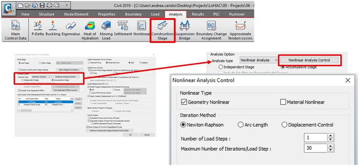 Nonlinear Analysis Control option in Construction Stage Analysis Control