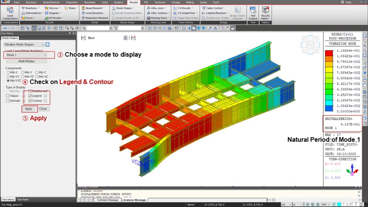 Results of Vibration Mode Shape in the model view and the table. 1