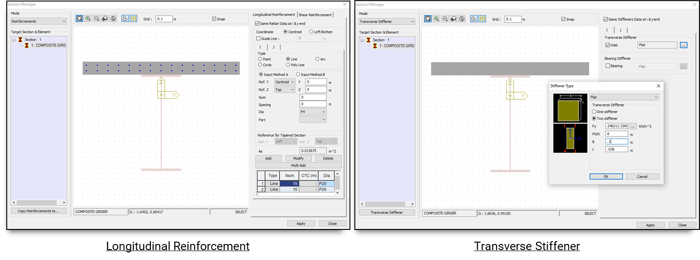 Image 3.11 Longitudinal Reinforcement and Transverse Stiffener Dialog Box