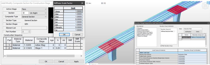 Figure 4-9. Stiffness modifiers for the composite section and stiffness reduction of the slab section with negative moments