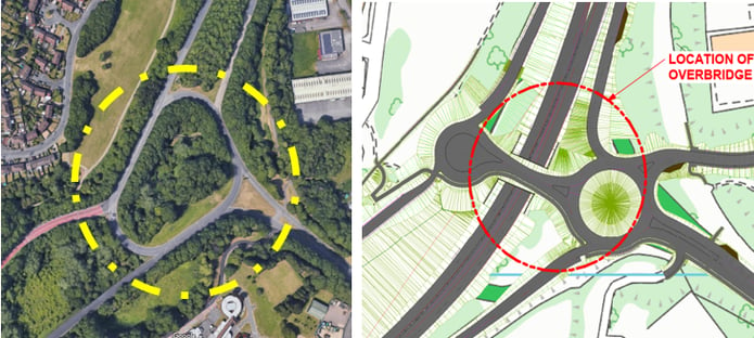 Left - Present condition at grade juntion; Right - proposed design grade separated juntion with main highway running below the bridge