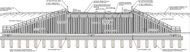 Sectional elevation showing wingwalls, abutments, pile caps, and piles