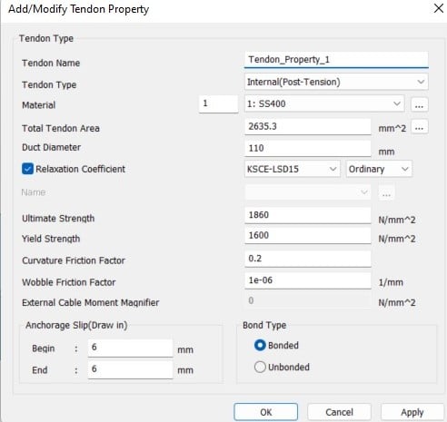 Fig. 6 Tendon Properties in Civil Model