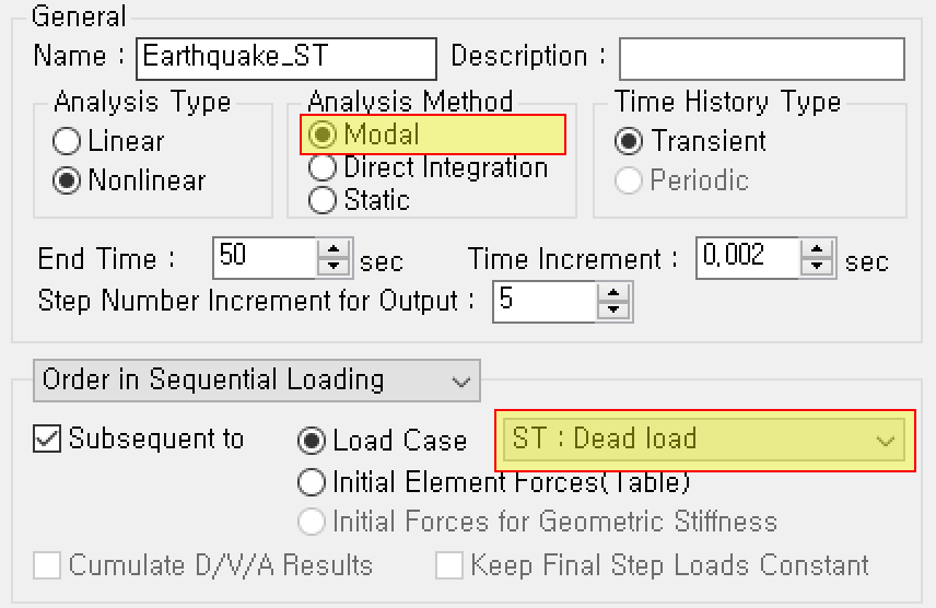 Load case for time history analysis