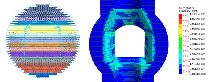 Figure 4_ Modeling in Midas GTS NX of the discontinuities as interface elements and verification of the yield zone