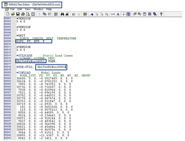 Figure 7. Midas Civil .mct file that specifies the static load