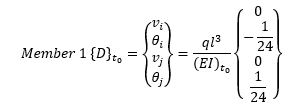 At time t0, the immediate displacements rotations for member 1 due to uniform loads