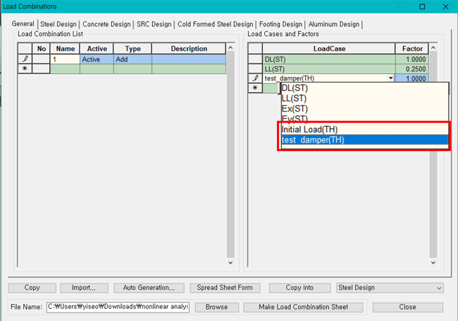 load combinations dialog box