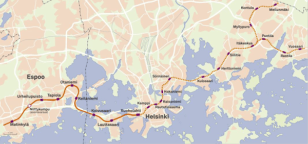 The existing (dash) and future (Länsimetro, bold) metro line with the location of the stations