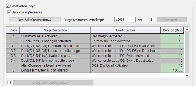 Construction Stage tab in Steel Composite Bridge Wizard  