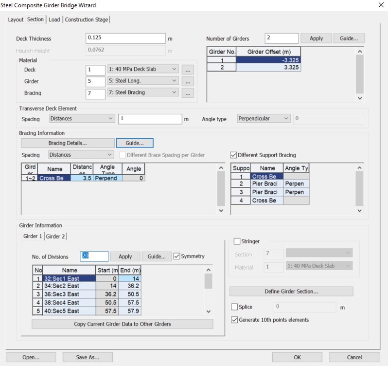 Section tab in Steel Composite Bridge Wizard