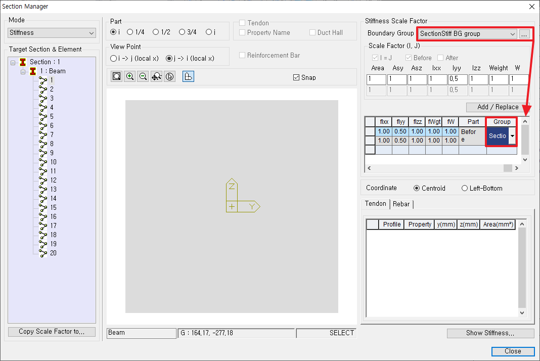 Section Stiffness Boundary Group Option