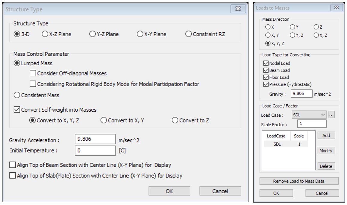   Figure 14: Structure type and Loads to Masses functions